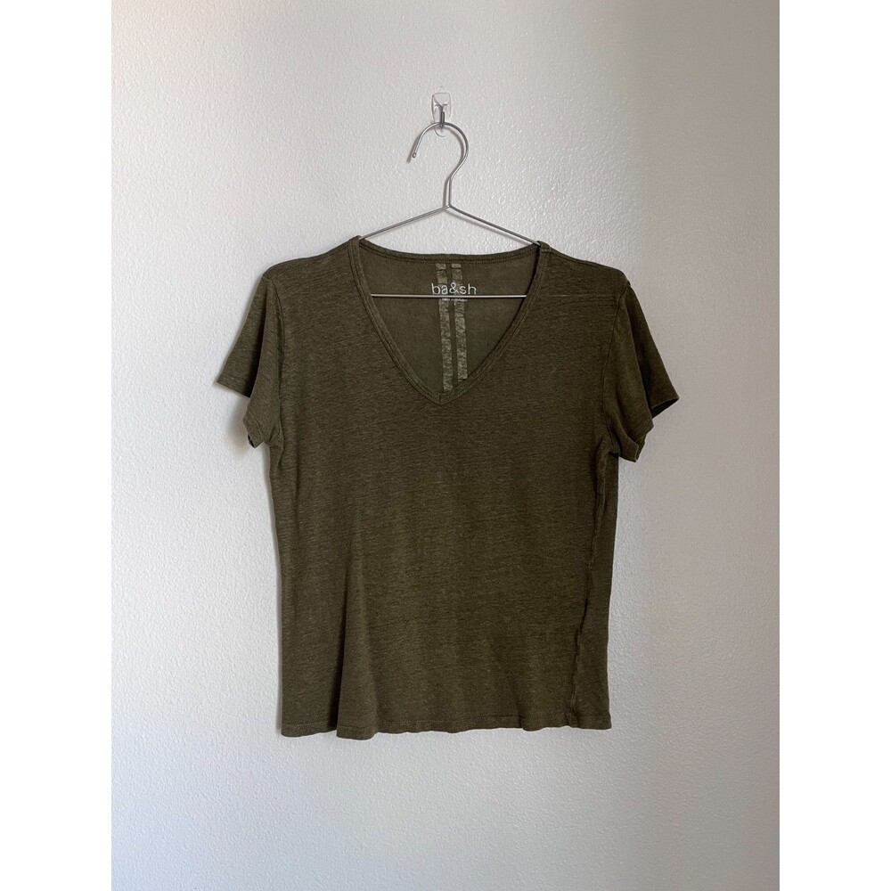 ba&sh Women's Linen V-Neck Tee in Khaki Green Size 1/SMALL